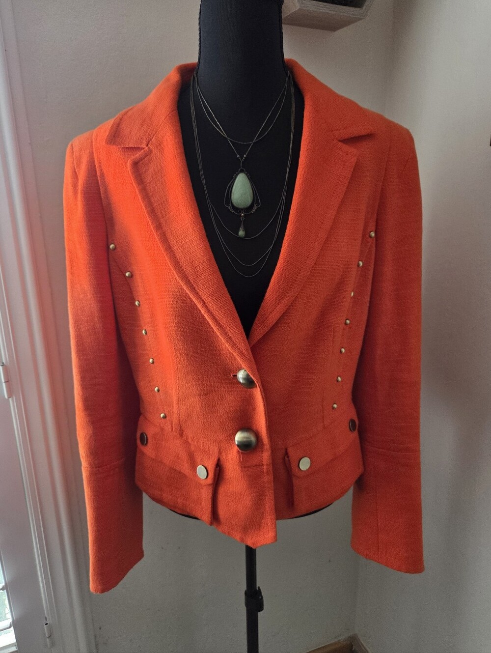 Etcetera Bright Orange Gold Stud-Detailed Linen Cotton Tailored Blazer Career 8